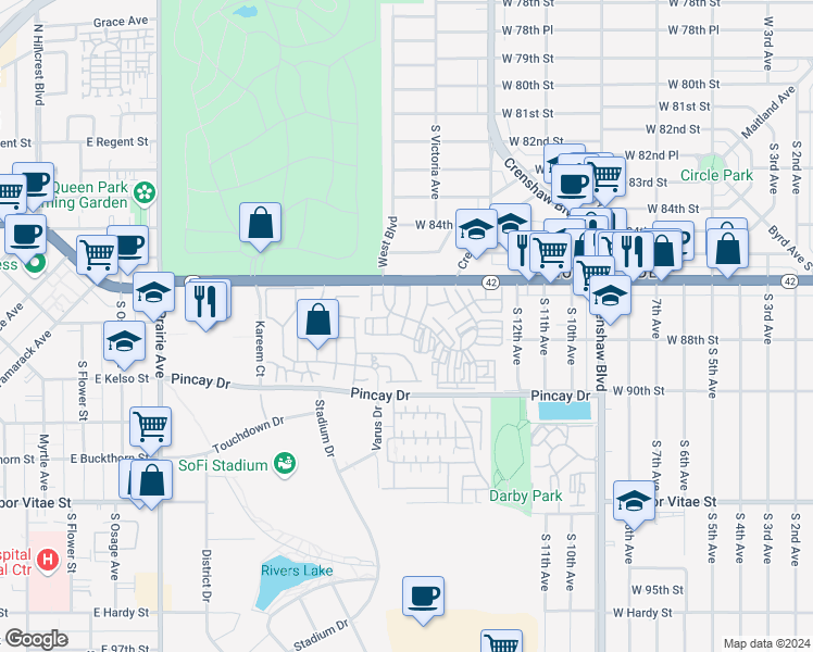 map of restaurants, bars, coffee shops, grocery stores, and more near 3500 West Manchester Boulevard in Inglewood