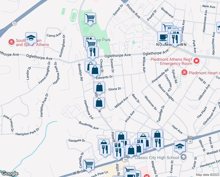 map of restaurants, bars, coffee shops, grocery stores, and more near 210 Gloria Street in Athens