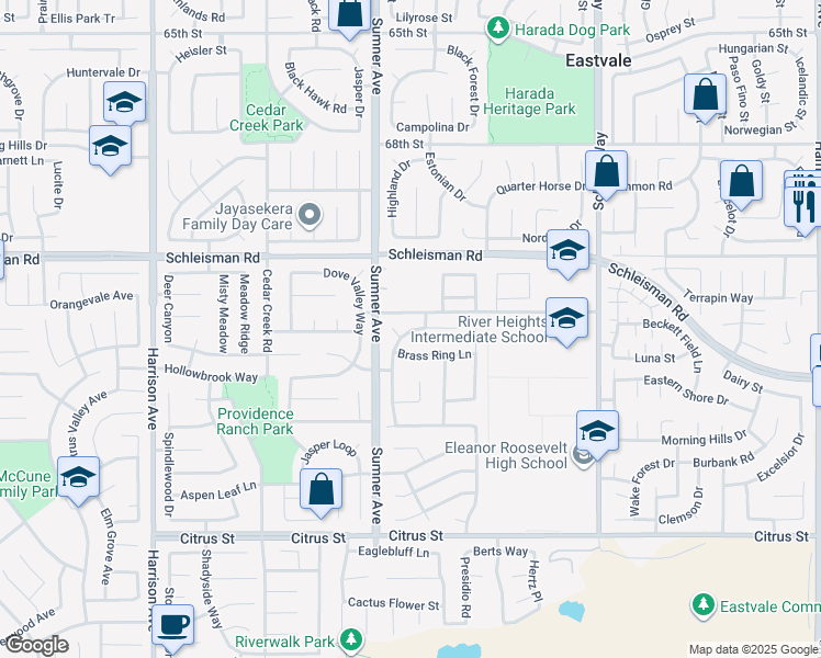 map of restaurants, bars, coffee shops, grocery stores, and more near 7133 Cottage Grove Circle in Eastvale