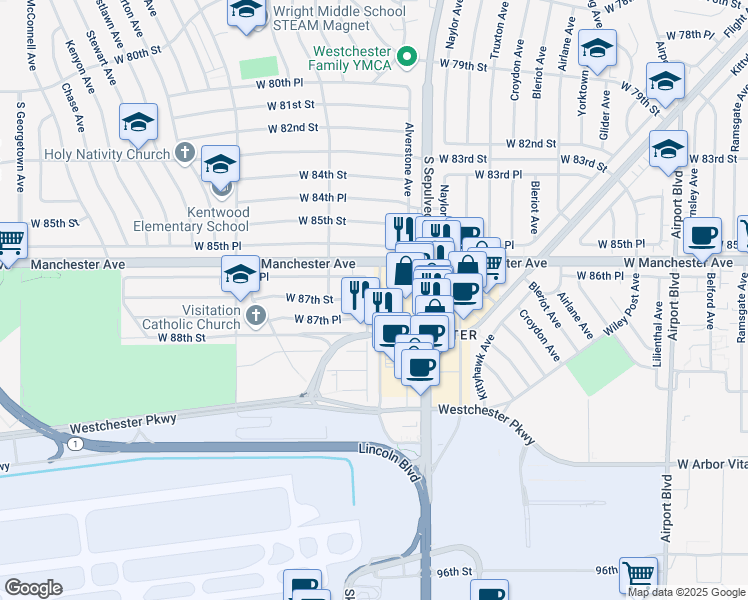 map of restaurants, bars, coffee shops, grocery stores, and more near 8700 El Manor Ave in Los Angeles