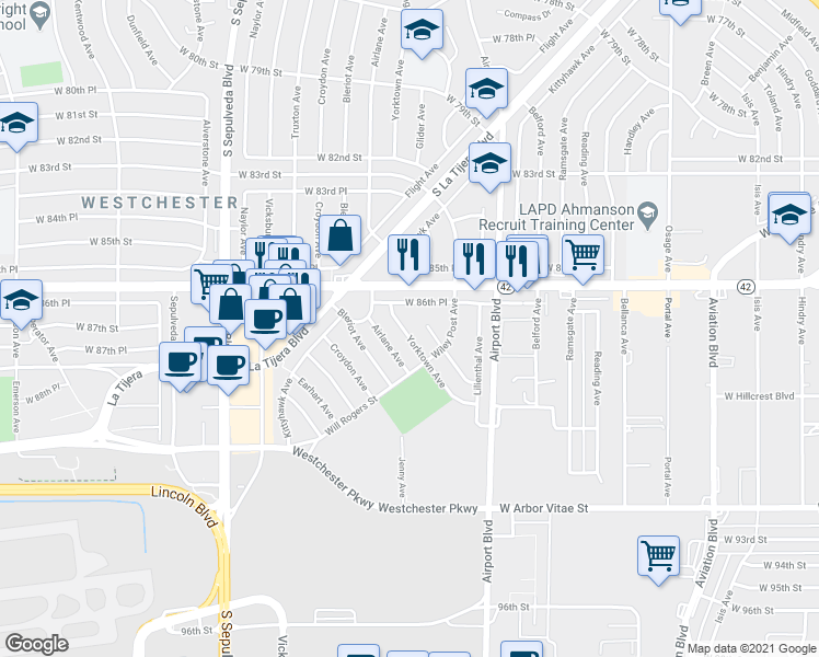 map of restaurants, bars, coffee shops, grocery stores, and more near 8700 Yorktown Avenue in Los Angeles