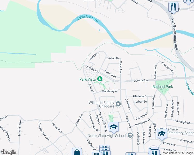 map of restaurants, bars, coffee shops, grocery stores, and more near 10190 Medallion Pl in Riverside