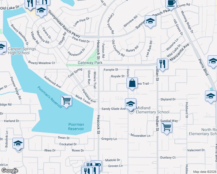 map of restaurants, bars, coffee shops, grocery stores, and more near 24013 Forsyte Street in Moreno Valley