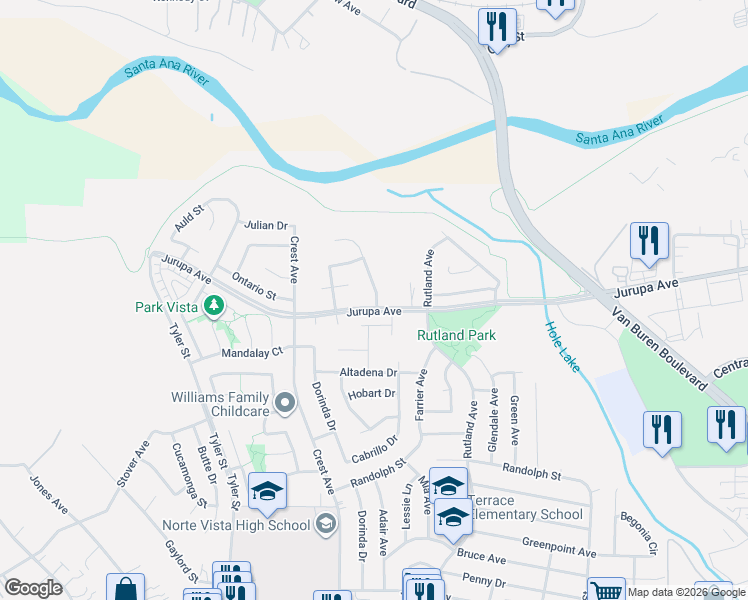 map of restaurants, bars, coffee shops, grocery stores, and more near 9375 Jurupa Road in Riverside