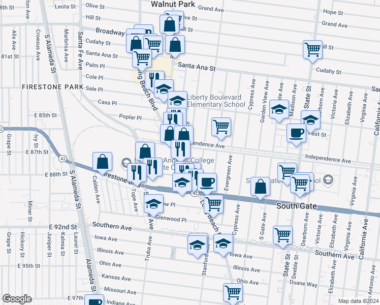 map of restaurants, bars, coffee shops, grocery stores, and more near 2834 Ardmore Avenue in South Gate