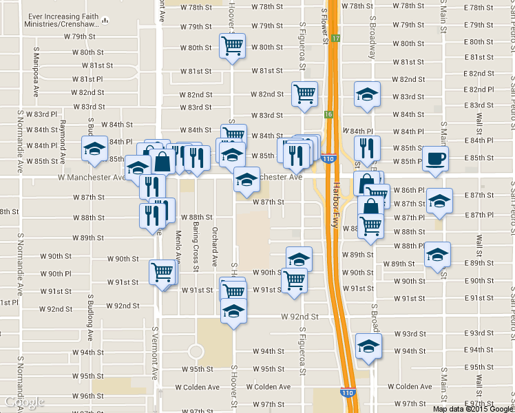 map of restaurants, bars, coffee shops, grocery stores, and more near 620 West 87th Street in Los Angeles