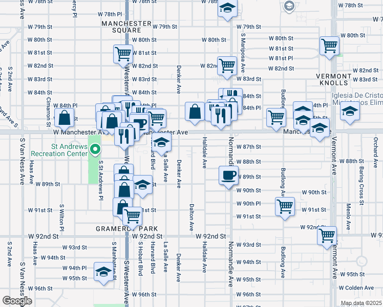 map of restaurants, bars, coffee shops, grocery stores, and more near 8714 Dalton Avenue in Los Angeles