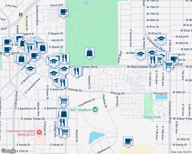 map of restaurants, bars, coffee shops, grocery stores, and more near 8725 Beckenham Lane in Inglewood