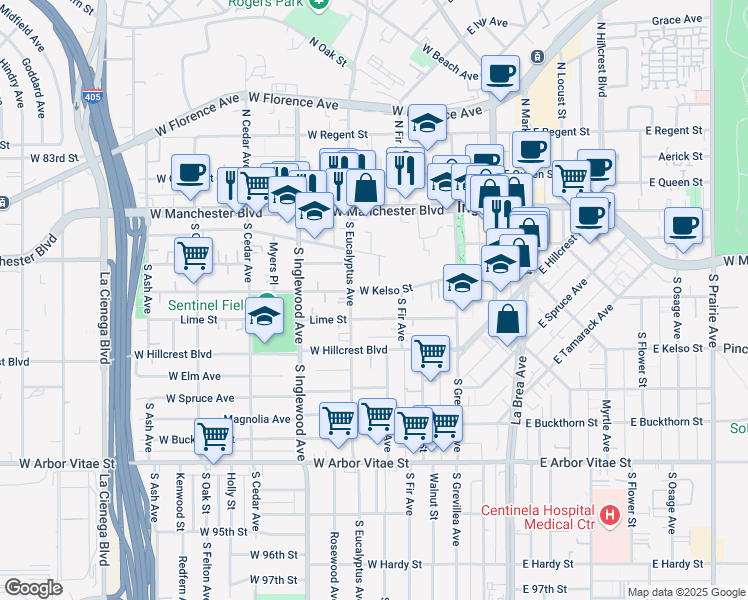 map of restaurants, bars, coffee shops, grocery stores, and more near 236 West Kelso Street in Inglewood