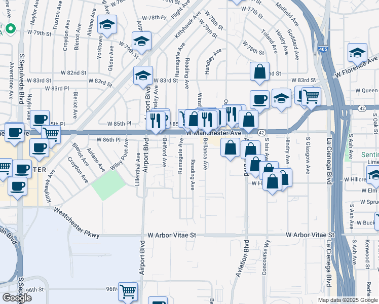 map of restaurants, bars, coffee shops, grocery stores, and more near 8754 Reading Avenue in Los Angeles