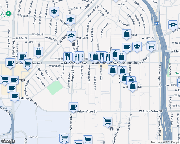 map of restaurants, bars, coffee shops, grocery stores, and more near 8715 Ramsgate Avenue in Los Angeles
