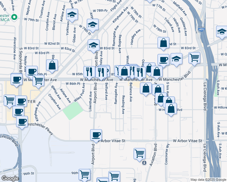 map of restaurants, bars, coffee shops, grocery stores, and more near 8715 Ramsgate Avenue in Los Angeles