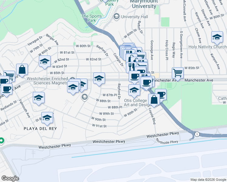 map of restaurants, bars, coffee shops, grocery stores, and more near 7324 West 87th Street in Los Angeles