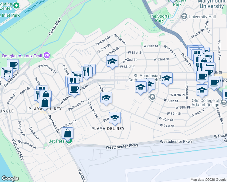 map of restaurants, bars, coffee shops, grocery stores, and more near 7740 Redlands Street in Los Angeles