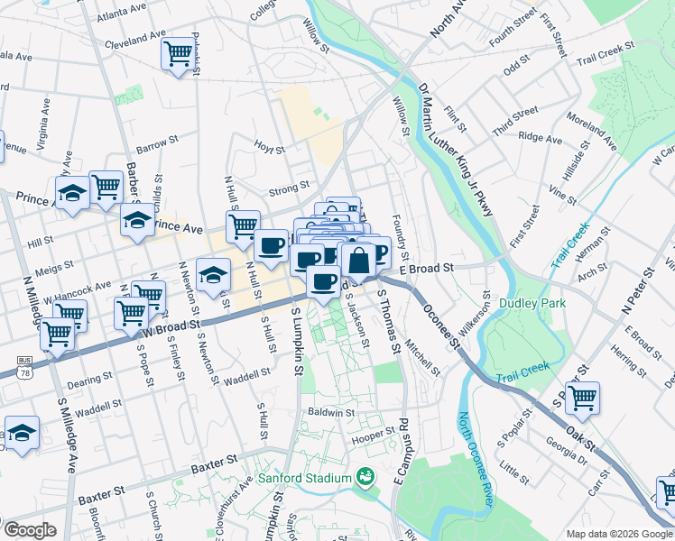 map of restaurants, bars, coffee shops, grocery stores, and more near 216 East Clayton Street in Athens