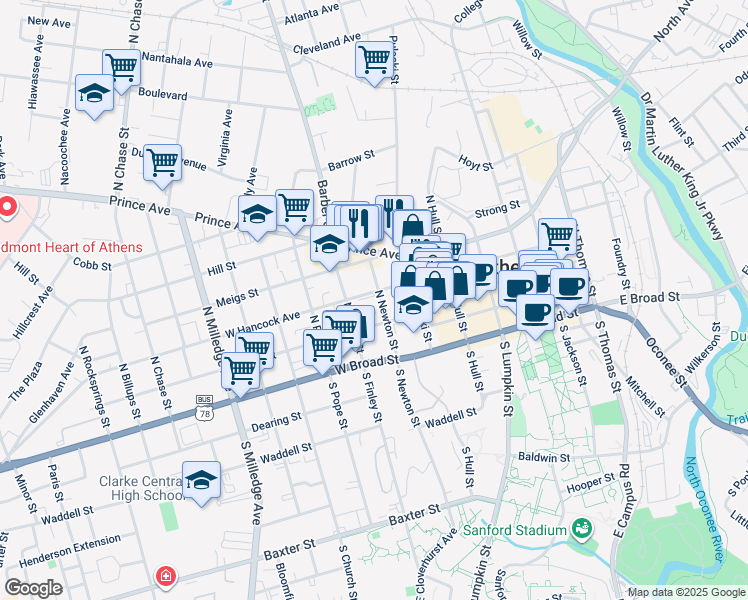 map of restaurants, bars, coffee shops, grocery stores, and more near 393 West Hancock Avenue in Athens