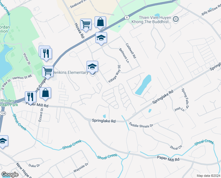 map of restaurants, bars, coffee shops, grocery stores, and more near 475 Springbottom Court Southeast in Lawrenceville