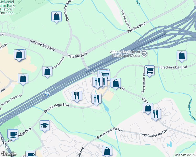 map of restaurants, bars, coffee shops, grocery stores, and more near 2945 Briaroak Drive in Duluth