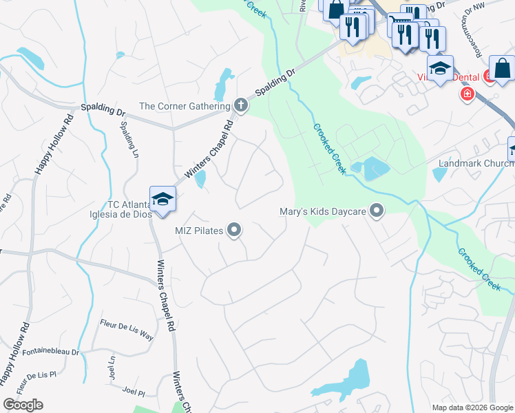 map of restaurants, bars, coffee shops, grocery stores, and more near 3800 Winters Hill Drive in Atlanta