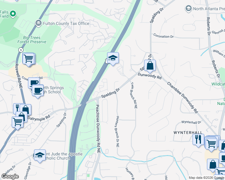 map of restaurants, bars, coffee shops, grocery stores, and more near 9002 Gables Lane in Sandy Springs