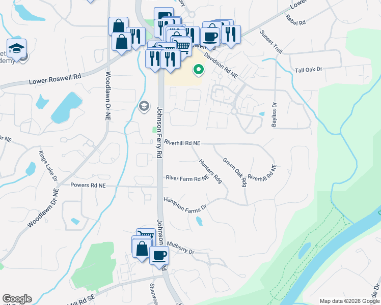 map of restaurants, bars, coffee shops, grocery stores, and more near 401 Hunters Ridge in Marietta
