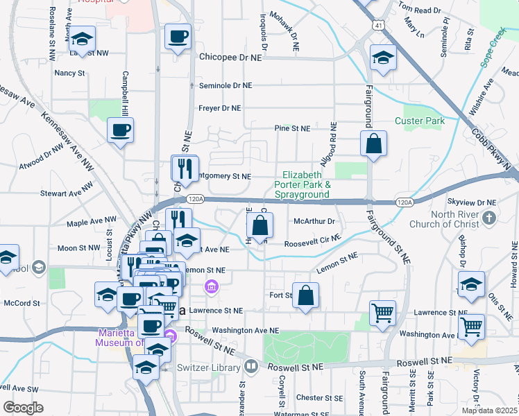 map of restaurants, bars, coffee shops, grocery stores, and more near 278 North Marietta Parkway Northeast in Marietta