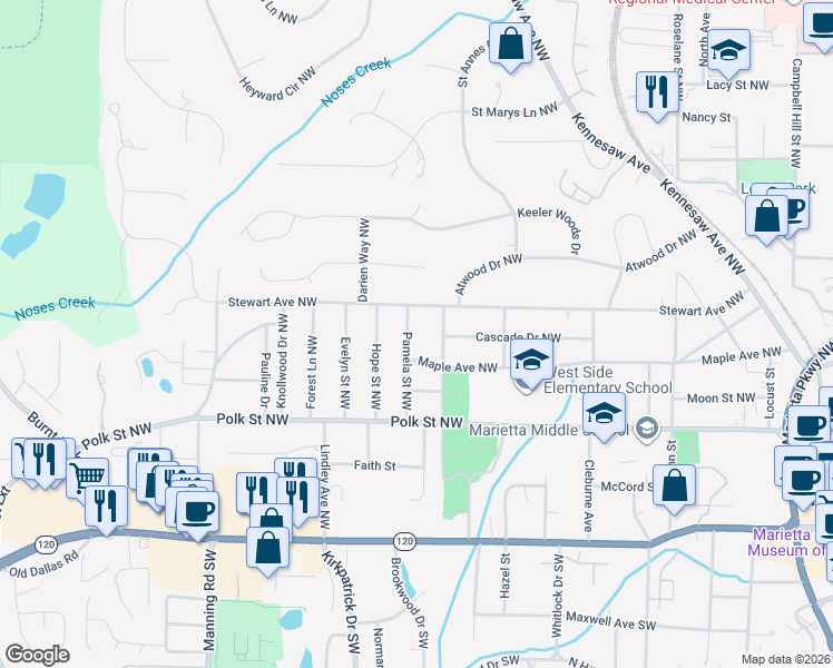 map of restaurants, bars, coffee shops, grocery stores, and more near 264 Pamela Street Northwest in Marietta