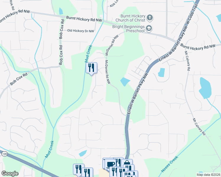 map of restaurants, bars, coffee shops, grocery stores, and more near 211 McDaniel Road Northwest in Marietta