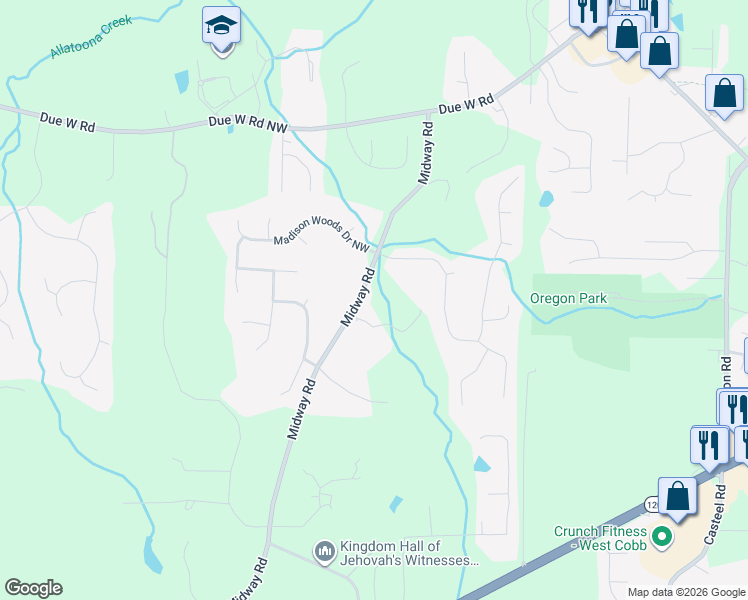 map of restaurants, bars, coffee shops, grocery stores, and more near 91 Midway Road in Marietta