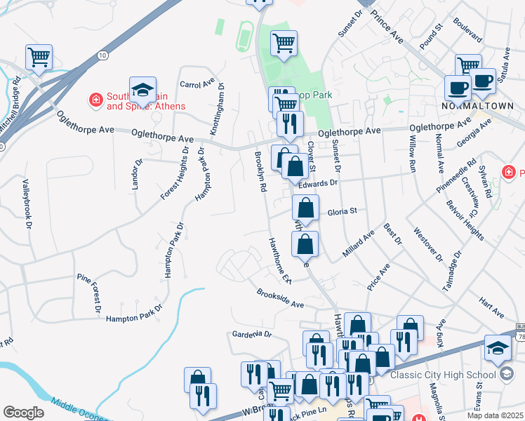 map of restaurants, bars, coffee shops, grocery stores, and more near 122 Brooklyn Road in Athens