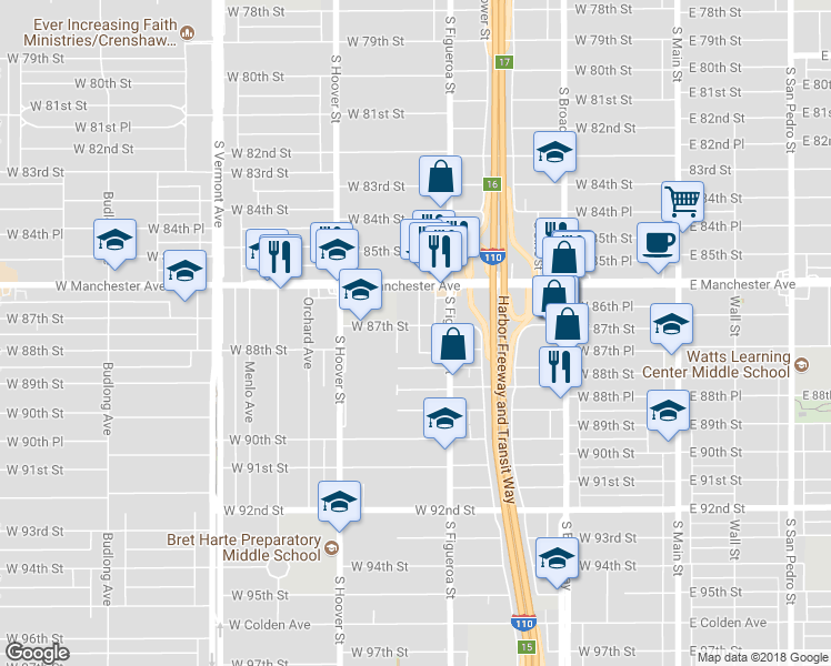 map of restaurants, bars, coffee shops, grocery stores, and more near 8705 Denver Avenue in Los Angeles