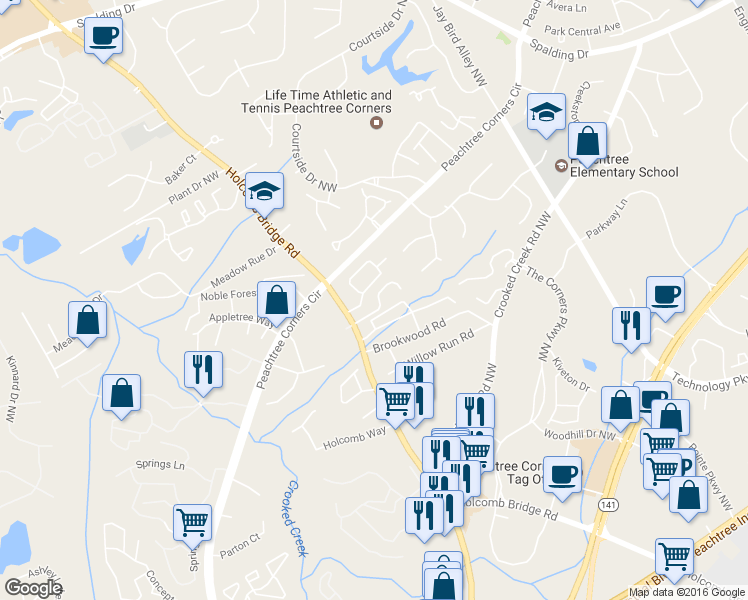 map of restaurants, bars, coffee shops, grocery stores, and more near 6217 Summit Trail in Norcross