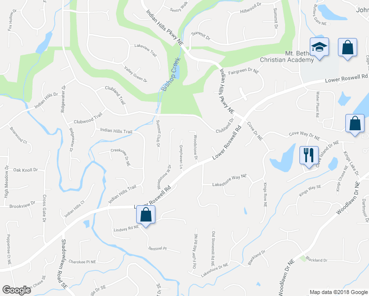 map of restaurants, bars, coffee shops, grocery stores, and more near 346 Greyhaven Lane in Marietta