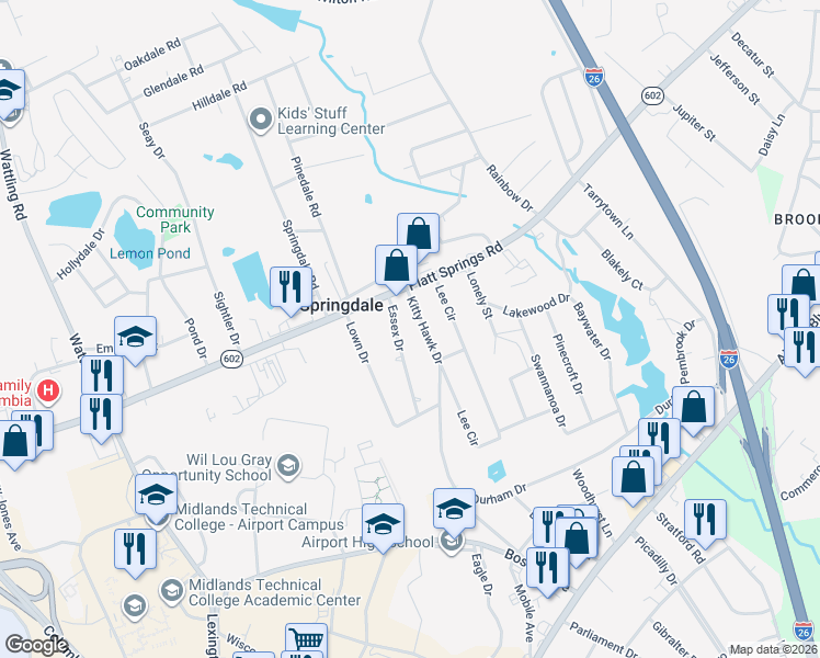 map of restaurants, bars, coffee shops, grocery stores, and more near 1108 Kitty Hawk Drive in West Columbia