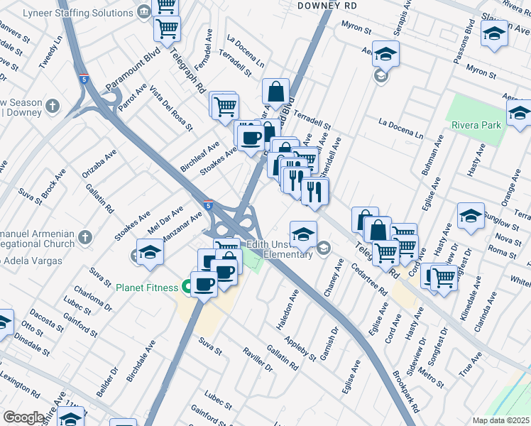 map of restaurants, bars, coffee shops, grocery stores, and more near 8854 Lindell Avenue in Downey