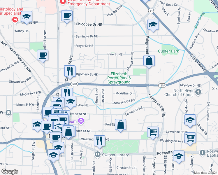 map of restaurants, bars, coffee shops, grocery stores, and more near 322 North Marietta Parkway Northeast in Marietta