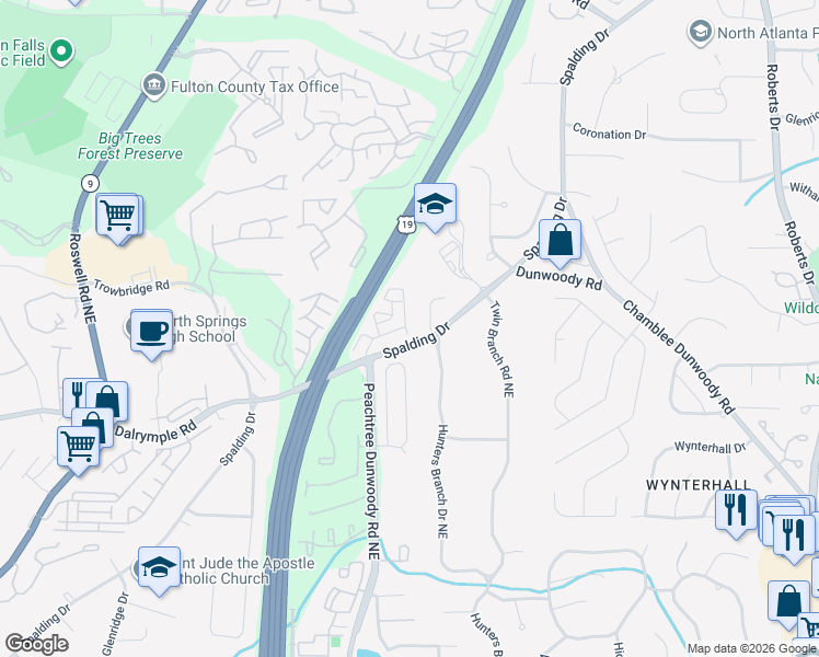 map of restaurants, bars, coffee shops, grocery stores, and more near 9002 Gables Lane in Sandy Springs