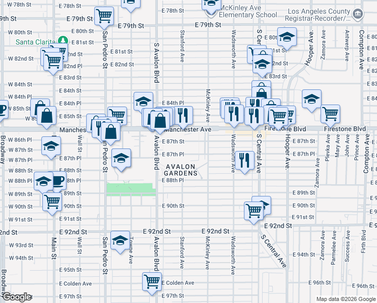 map of restaurants, bars, coffee shops, grocery stores, and more near 715 East 87th Place in Los Angeles