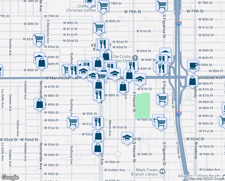 map of restaurants, bars, coffee shops, grocery stores, and more near 8710 Menlo Avenue in Los Angeles