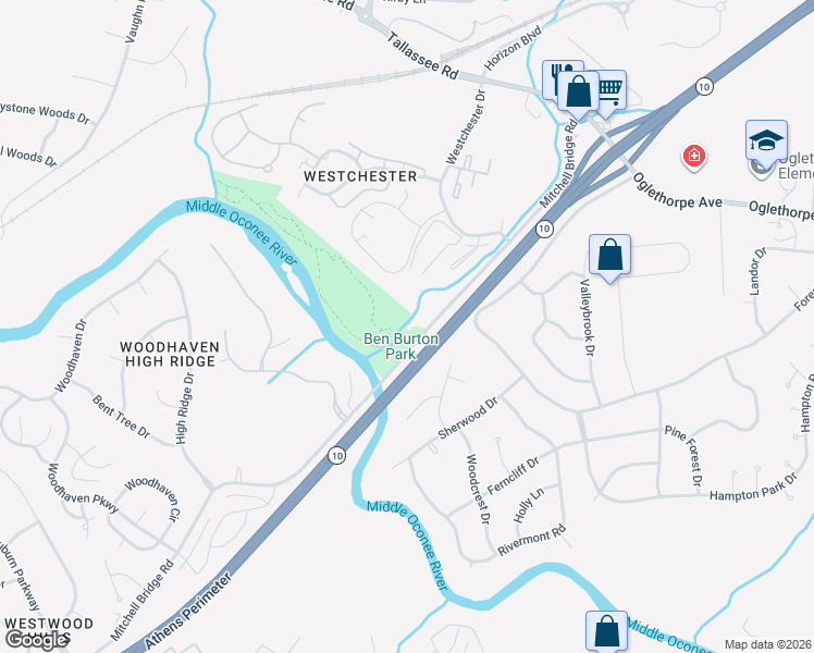 map of restaurants, bars, coffee shops, grocery stores, and more near 600 Mitchell Bridge Road in Athens
