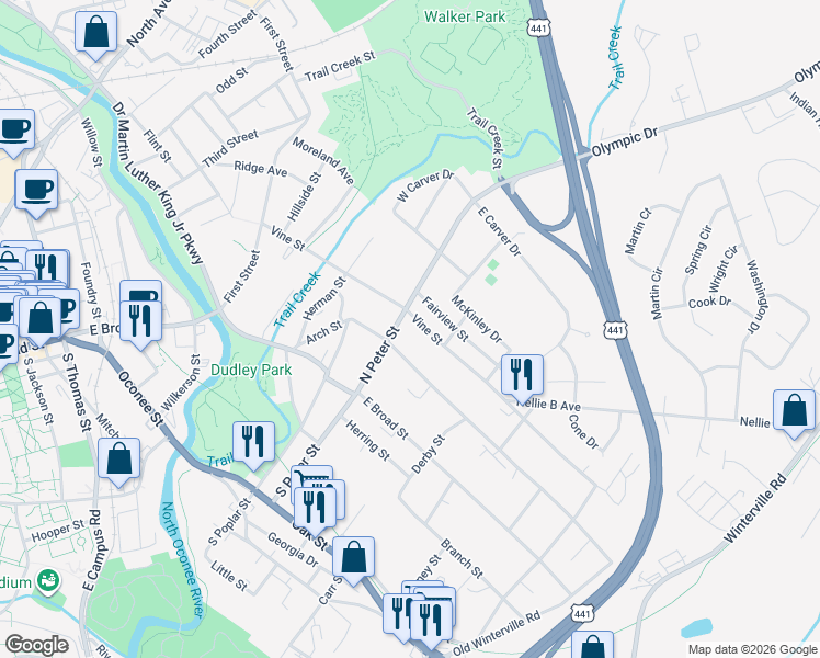 map of restaurants, bars, coffee shops, grocery stores, and more near 236 North Peter Street in Athens