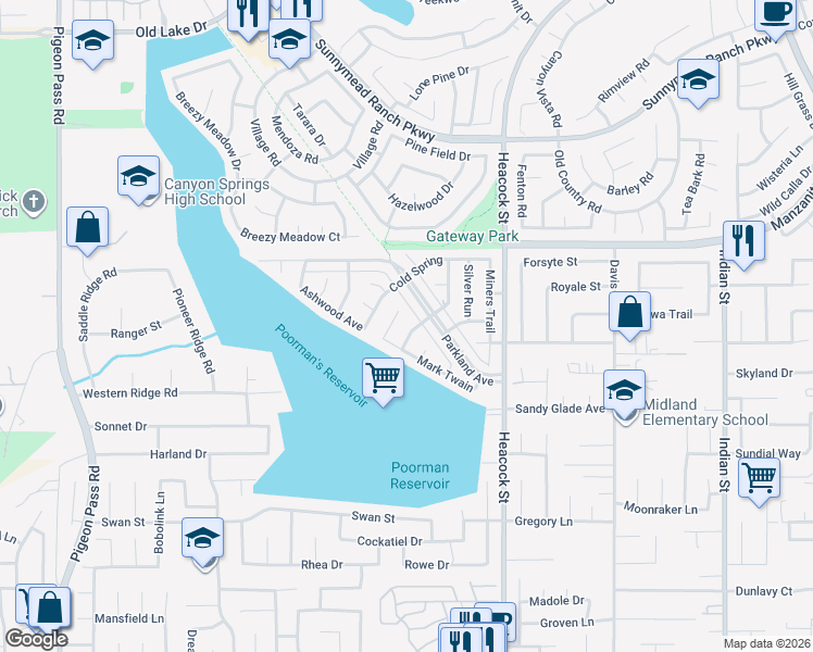 map of restaurants, bars, coffee shops, grocery stores, and more near 11357 Red Hill Road in Moreno Valley