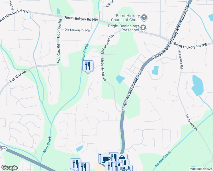 map of restaurants, bars, coffee shops, grocery stores, and more near 211 McDaniel Road Northwest in Marietta