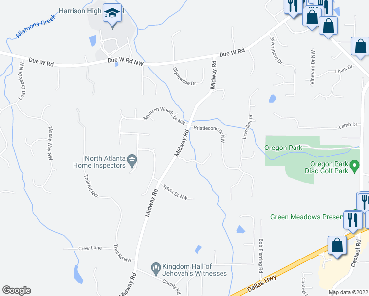 map of restaurants, bars, coffee shops, grocery stores, and more near 91 Midway Road in Marietta