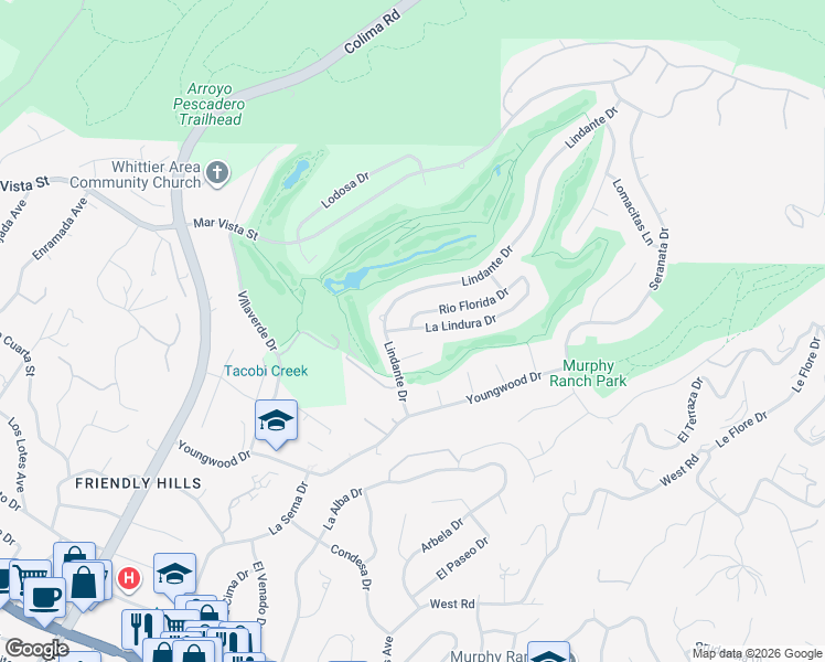 map of restaurants, bars, coffee shops, grocery stores, and more near 15736 La Lindura Drive in Whittier