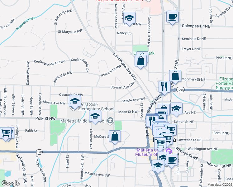 map of restaurants, bars, coffee shops, grocery stores, and more near 272 Camp Street in Marietta
