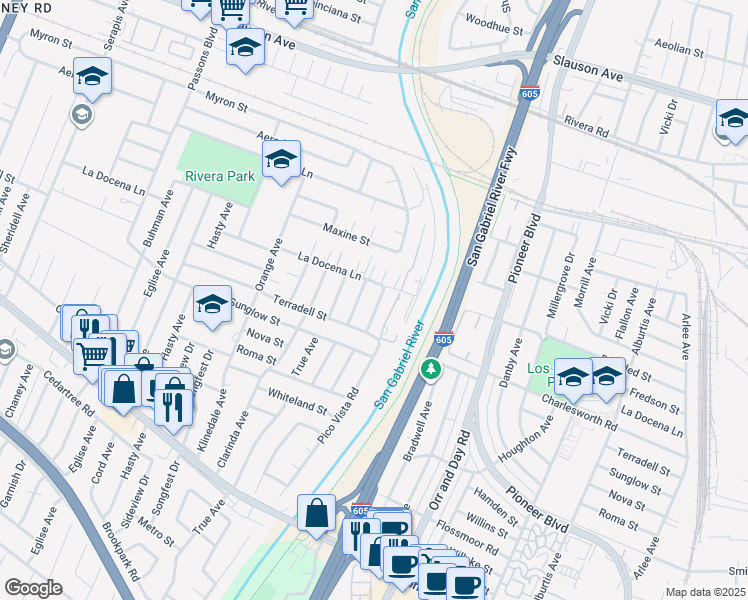 map of restaurants, bars, coffee shops, grocery stores, and more near 8319 Greenvale Avenue in Pico Rivera