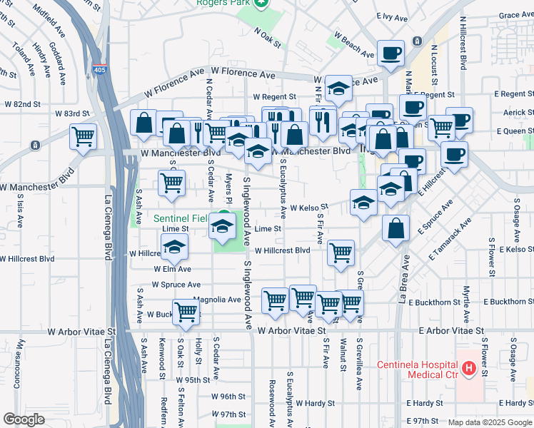 map of restaurants, bars, coffee shops, grocery stores, and more near 320 West Kelso Street in Inglewood