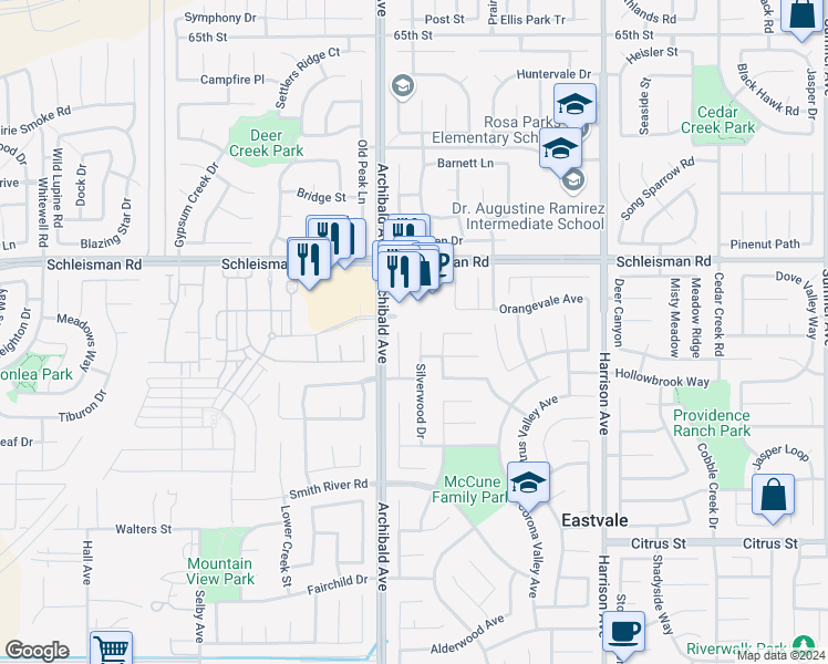map of restaurants, bars, coffee shops, grocery stores, and more near 7117 Silverwood Drive in Corona