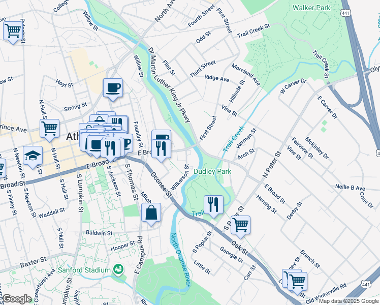 map of restaurants, bars, coffee shops, grocery stores, and more near 1040 East Broad Street in Athens